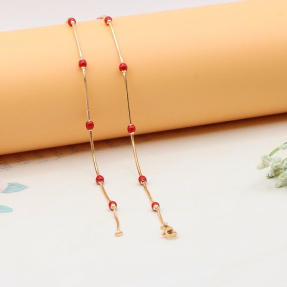 "Delicate Yellow Gold Plated Necklace with Red Beads, XPNL0302 - Picture 11 of 12